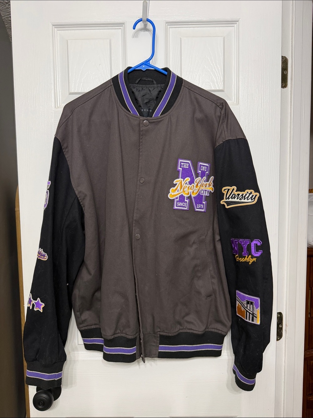 ASOS Black and Purple Varsity Bomber Jacket with Gold Accents